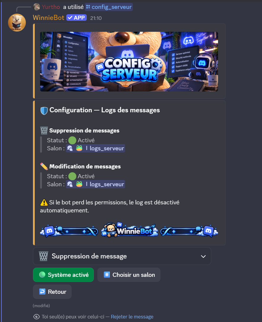 Panneau de configuration des logs du serveur dans Discord